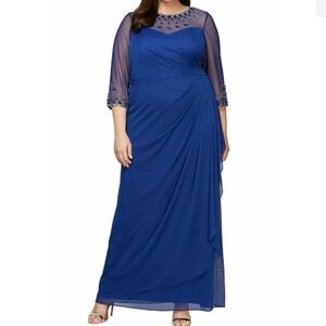 Women’s Formal Dress Size 14 P Alex Evenings Beaded Mesh A-Line Blue Long Sleeve
